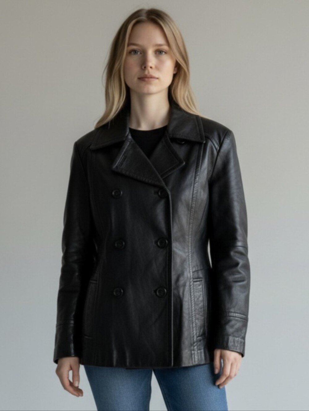 STUDIO WORKS! RICH BLACK GENUINE LEATHER, DOUBLE BREASTED, TAILORED JACKET! SZ M